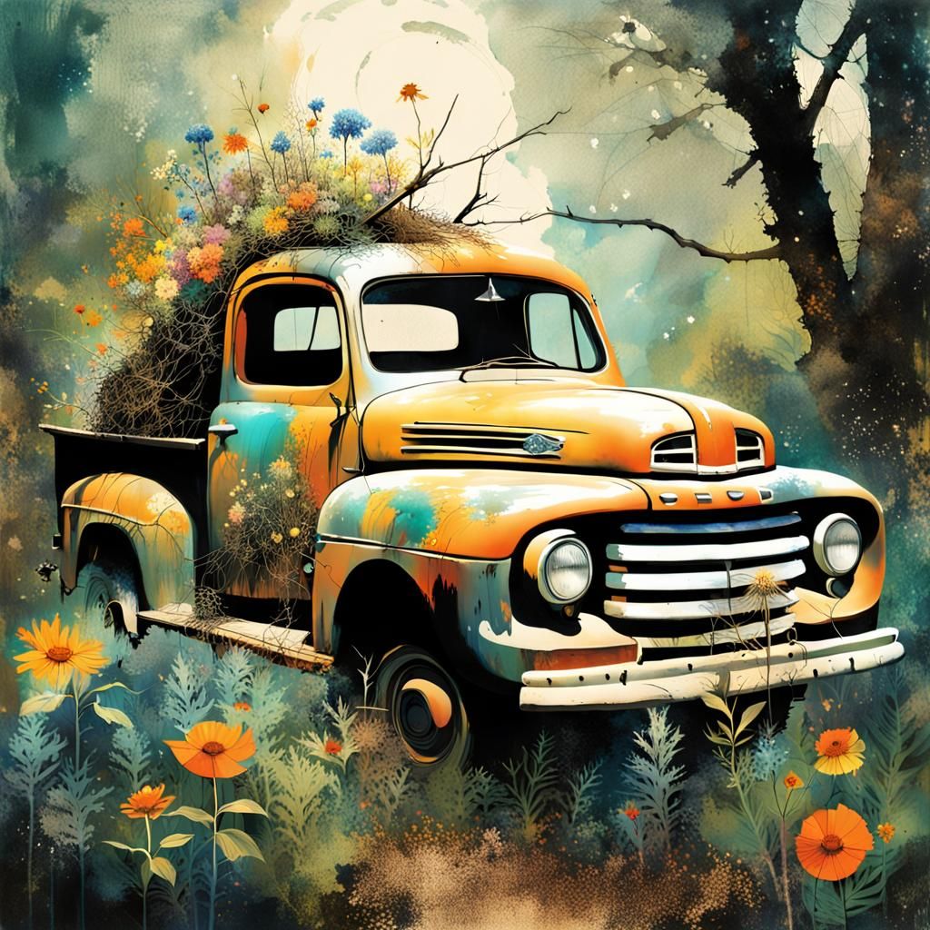 Abandoned Ford Truck Collage in Retro Style