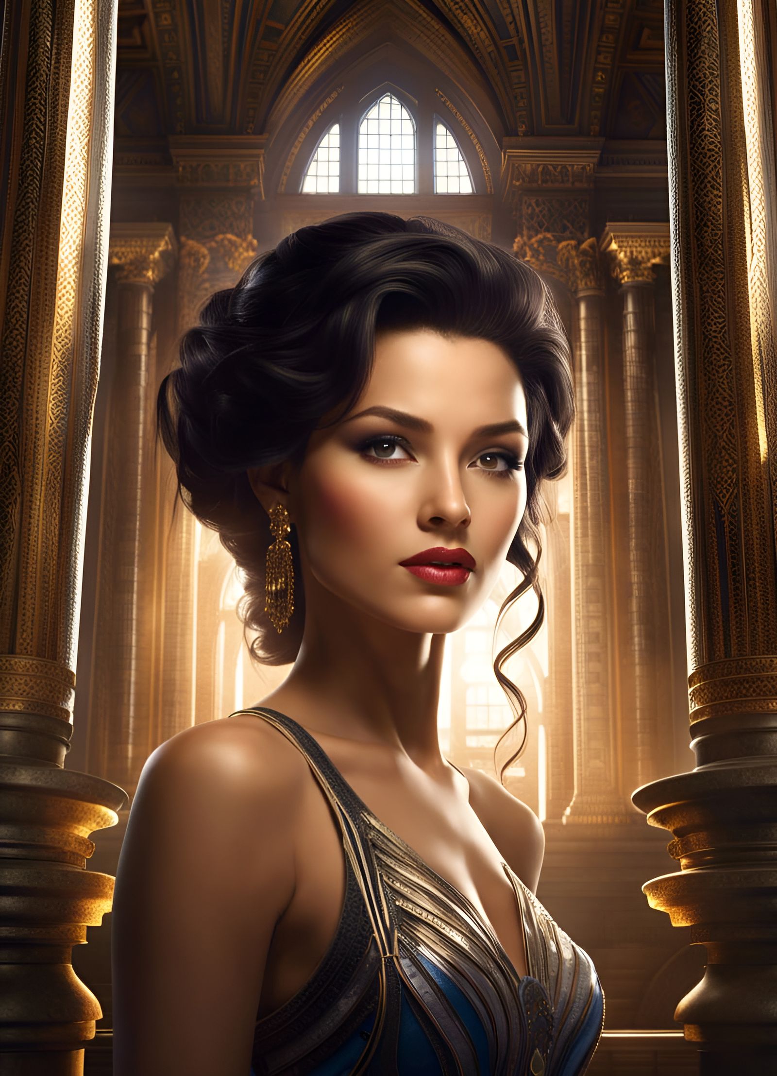 Beautiful Woman in Grand Chamber: Detailed Matte Painting