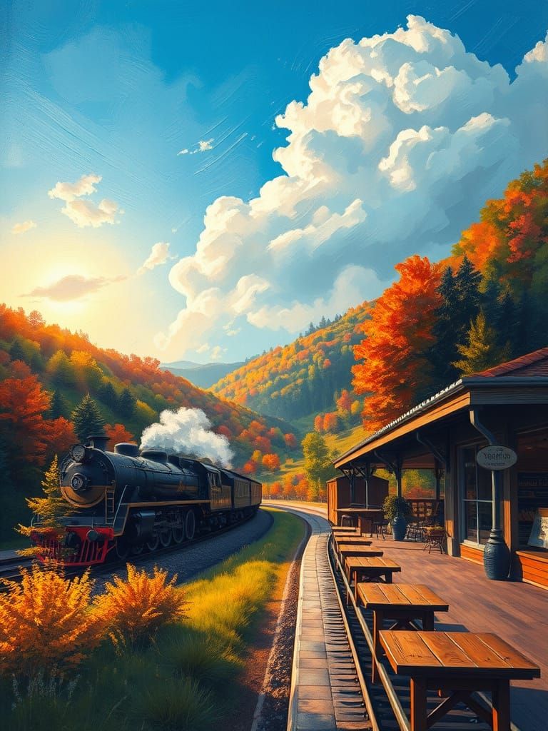 Steam Train in Valley, Neo-Impressionist Painting