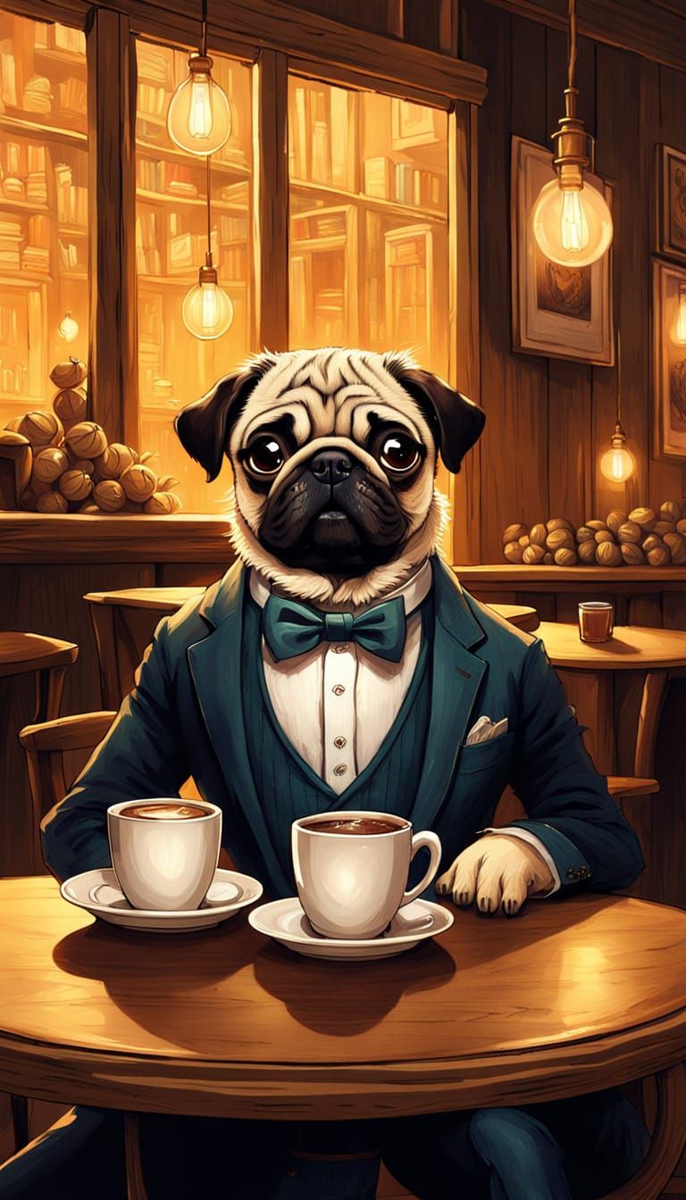 Pug Sips Coffee in Elegant Nighttime Cafe