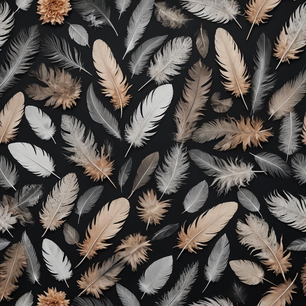 Flower photogram, rayograph, feathers, leaves