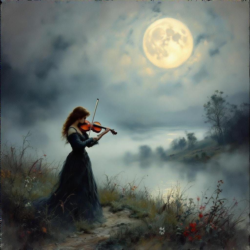 Melancholic Moonlit Violinist in a Dreamy Landscape