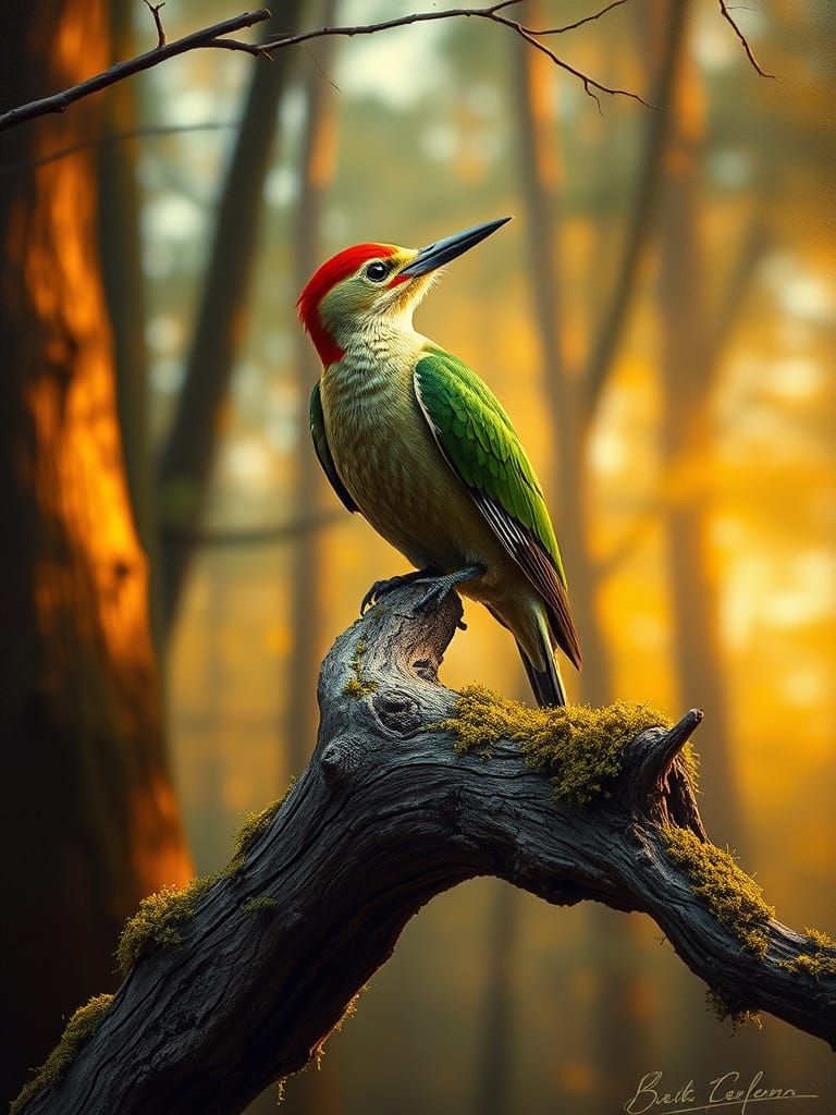 Majestic Green Woodpecker in Late 19th Century Forest