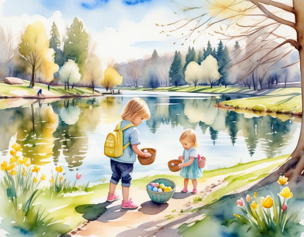 Children's Easter Egg Hunt in Watercolor