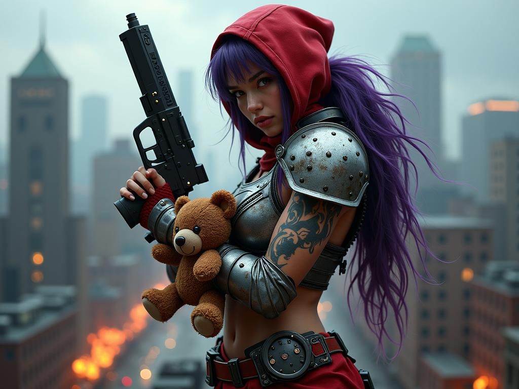 Steampunk Woman with Laser Gun in Stormy Brooklyn