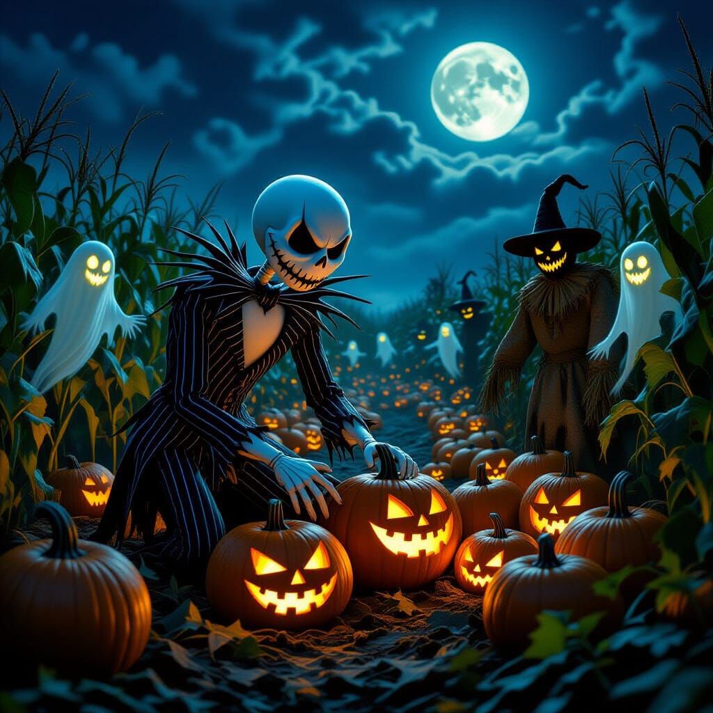 Jack Skellington Harvests Pumpkins in Eerie Moonlight