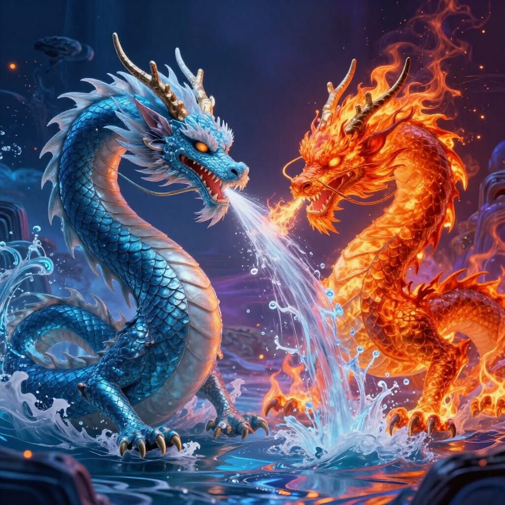 Water and Fire Dragons as Friends in Surreal Landscape