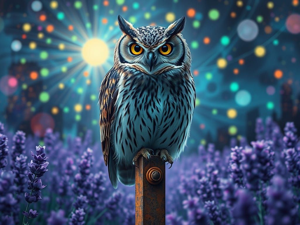 Surreal Futuristic Owl Amidst Rusted Metal and Lavanda Field...