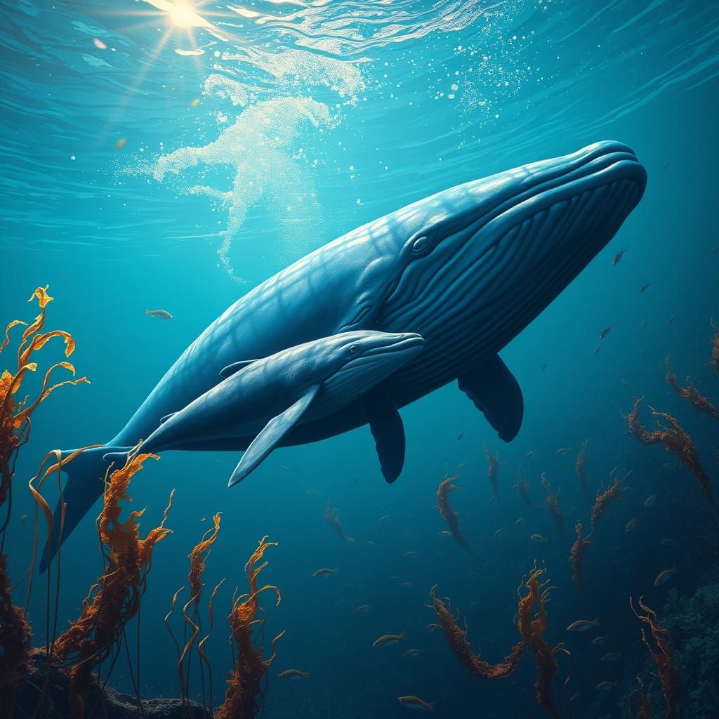 Majestic Blue Whale Watches Over Its Calf in a Vibrant Ocean...