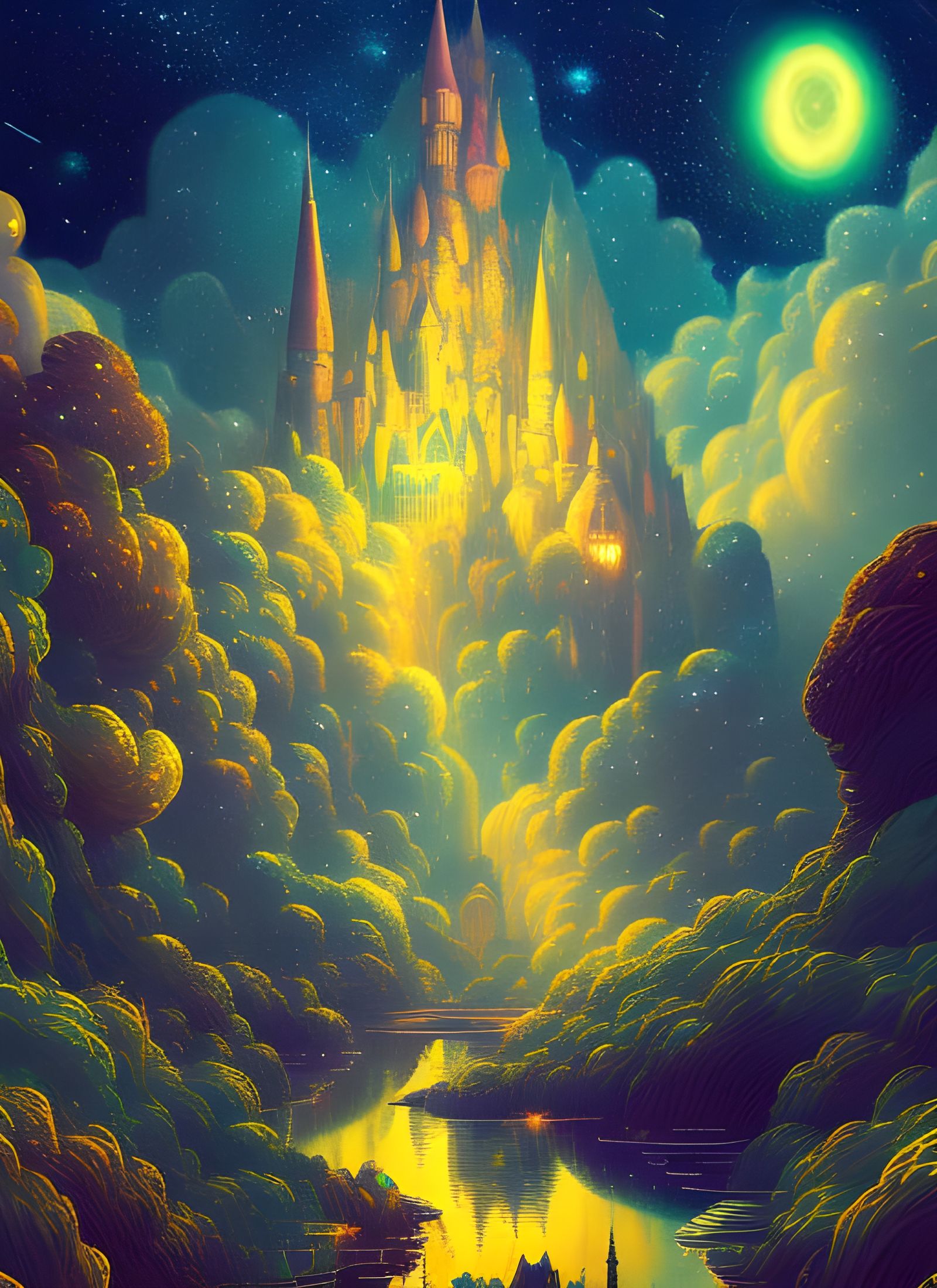 Luminous Space Star with Crystals, Digital Illustration