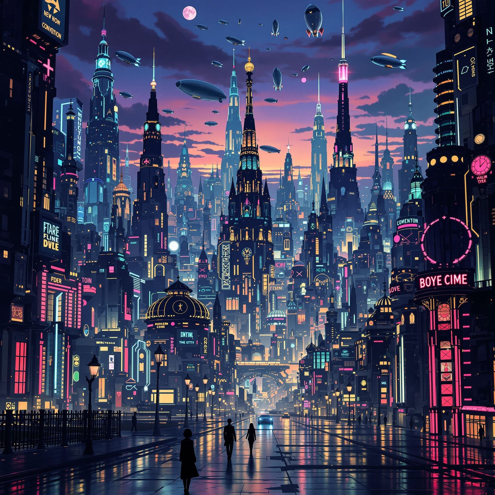 Art Deco Futuristic City at Twilight with Dirigibles