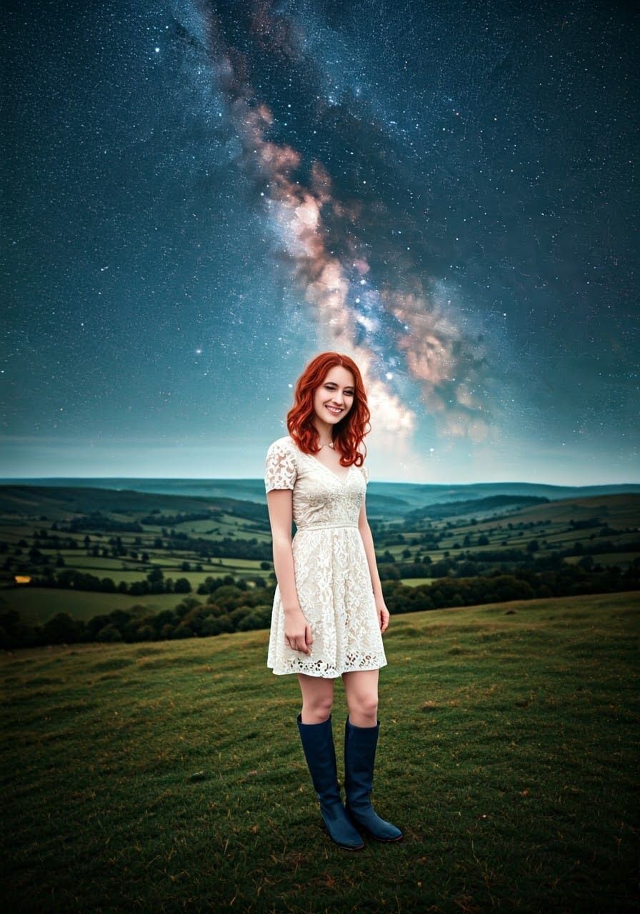 Redhead in Lace Dress on Emerald Hill Under Stars