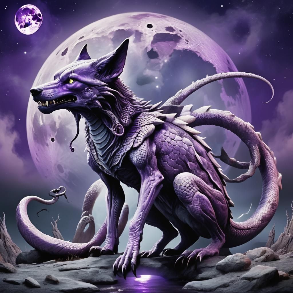 Very strange alien wolf-snake creatures under a purple moon