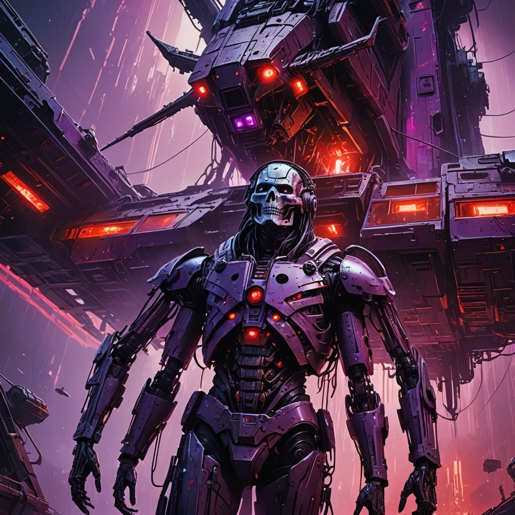 Crucified Cyborg in Cyberpunk Dystopia