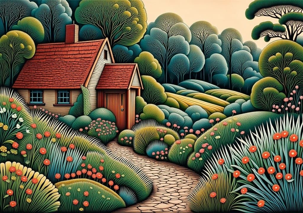 Whimsical Cottage in Expressionist Folk Art Style