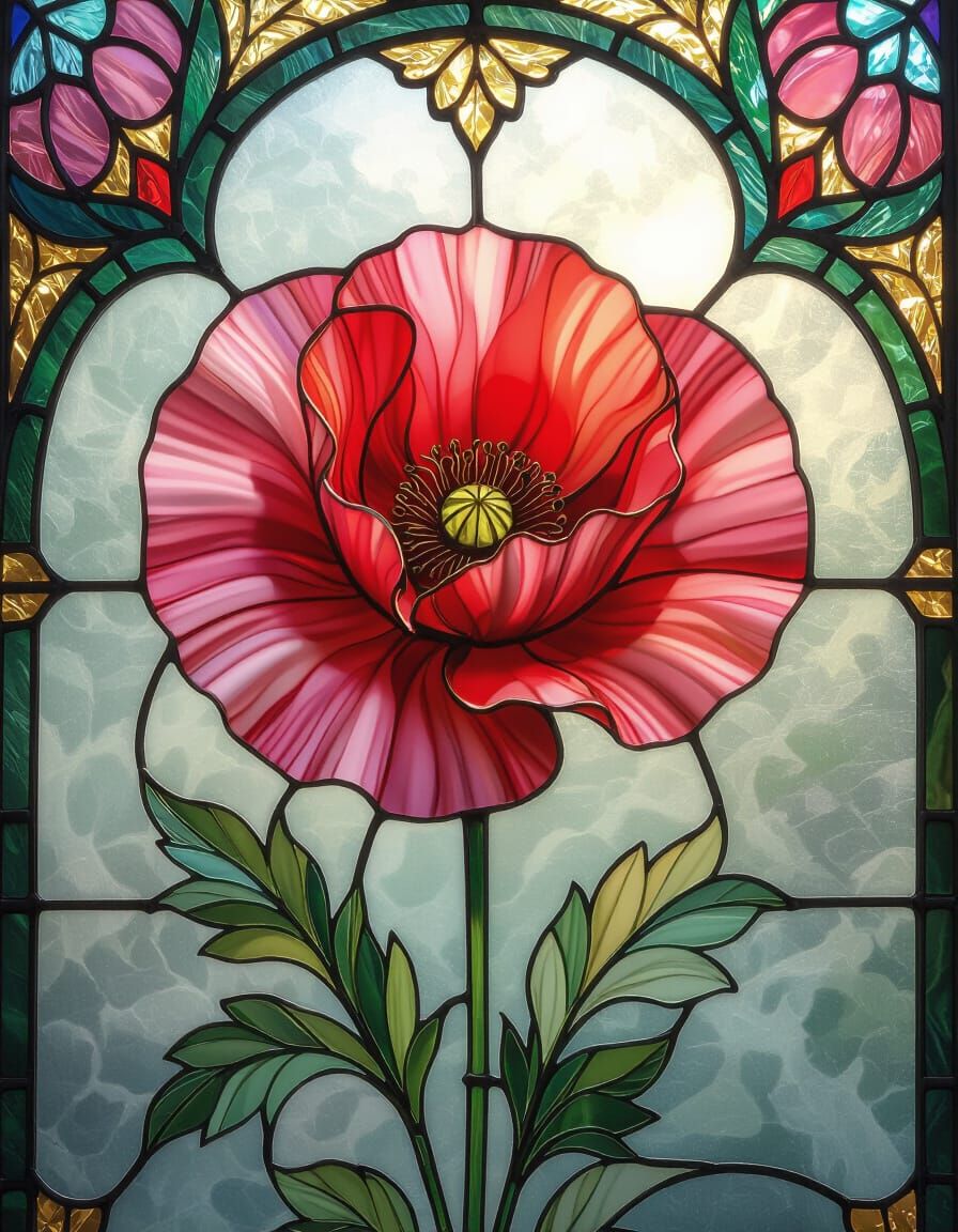 Brilliant Stained Glass Poppy Window in Ethereal Mist
