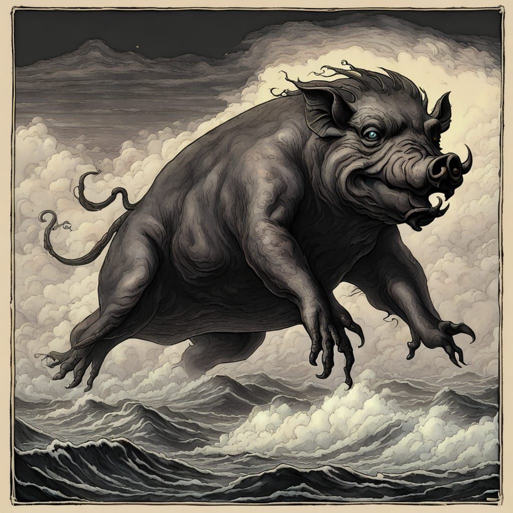 Cosmic Horror: Pig Monster Over the Ocean
