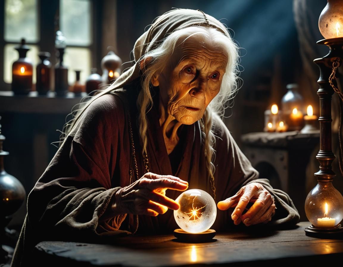 Hag Scrying Orb in Alchemist Lab, Medieval Portrait