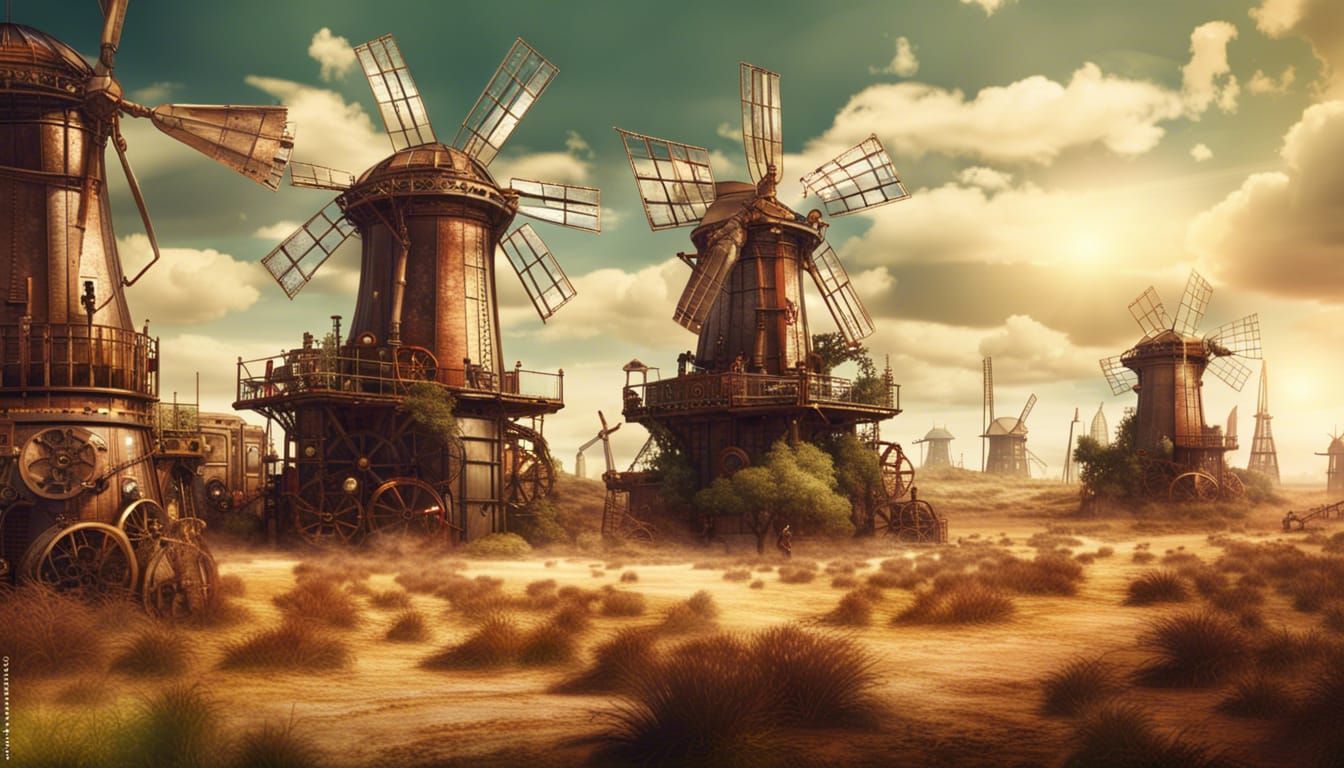 Steampunk Windmill Field with Airships in Desert