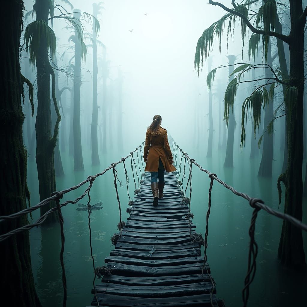 A Brave Explorer Embarks into the Mysterious Swamp