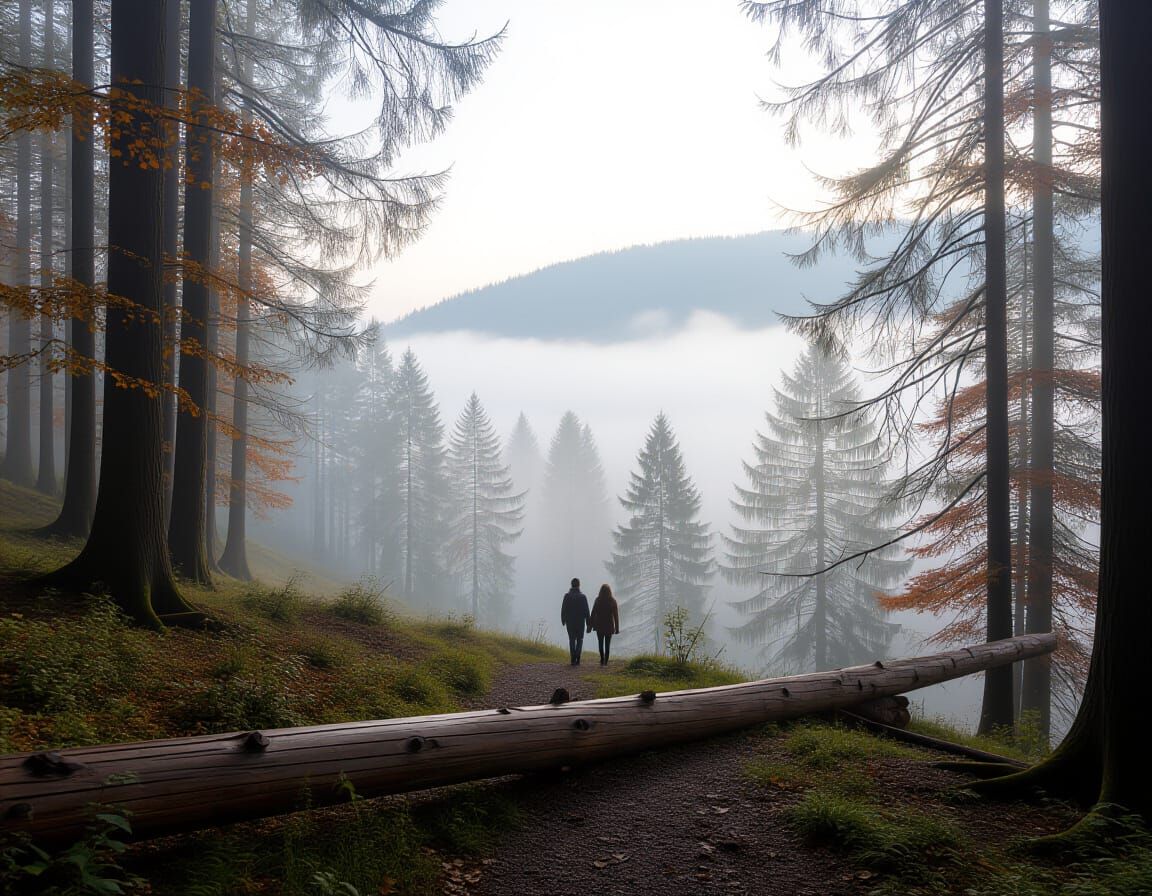 Misty Autumn Forest in the Alps with Distant Village