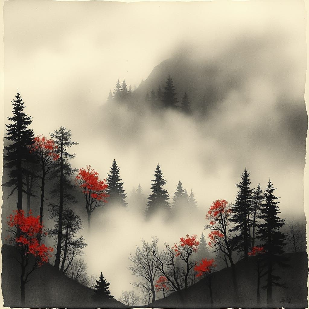 Ethereal Autumn Forest in Shadowy Ink Wash Style