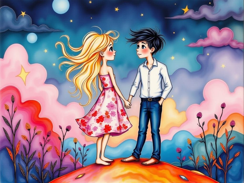 Couple's First Date Under Starry Sky in Alcohol Ink Style