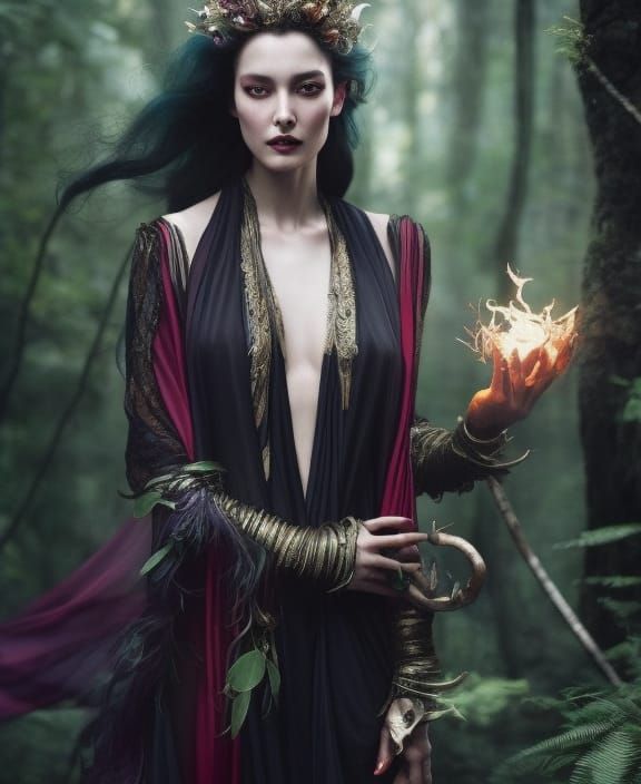 Enchanting Sorceress Casting Spell in Luminous Forest