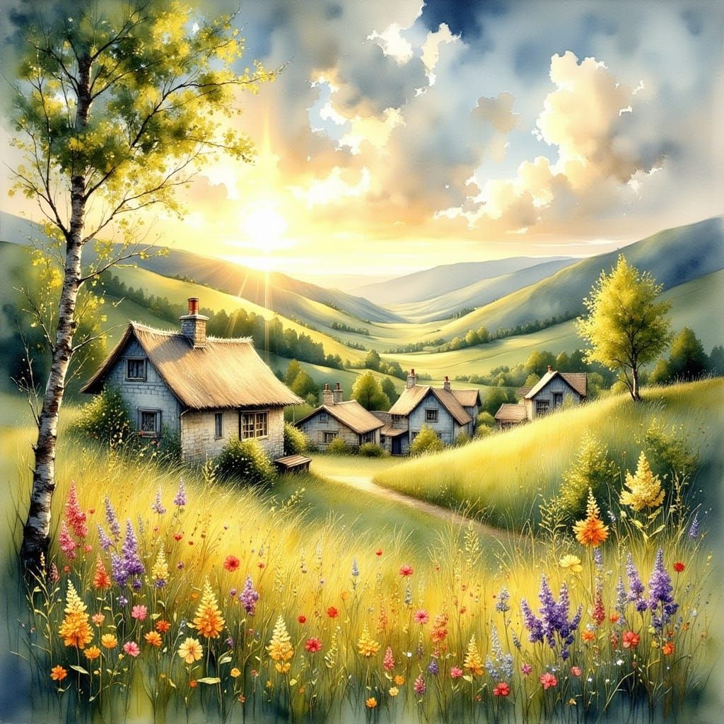 Spring Landscapes. A quaint village nestled in a valley surr...