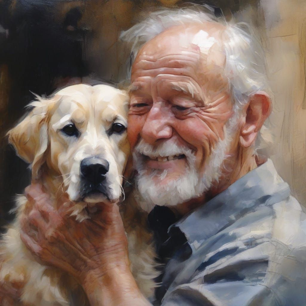Joyful Old Man Embracing His Faithful Dog in a Beautiful, Dr...