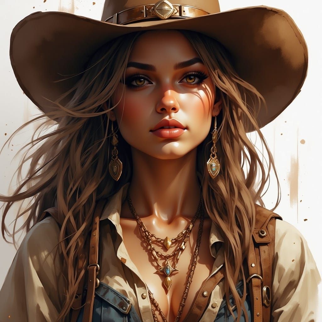 Impressionistic Portrait of Annie Oakley in Cowboy Hat