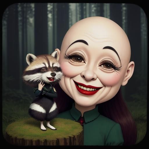 Whimsical Caricature Laughing at Raccoon in Cartoon Style