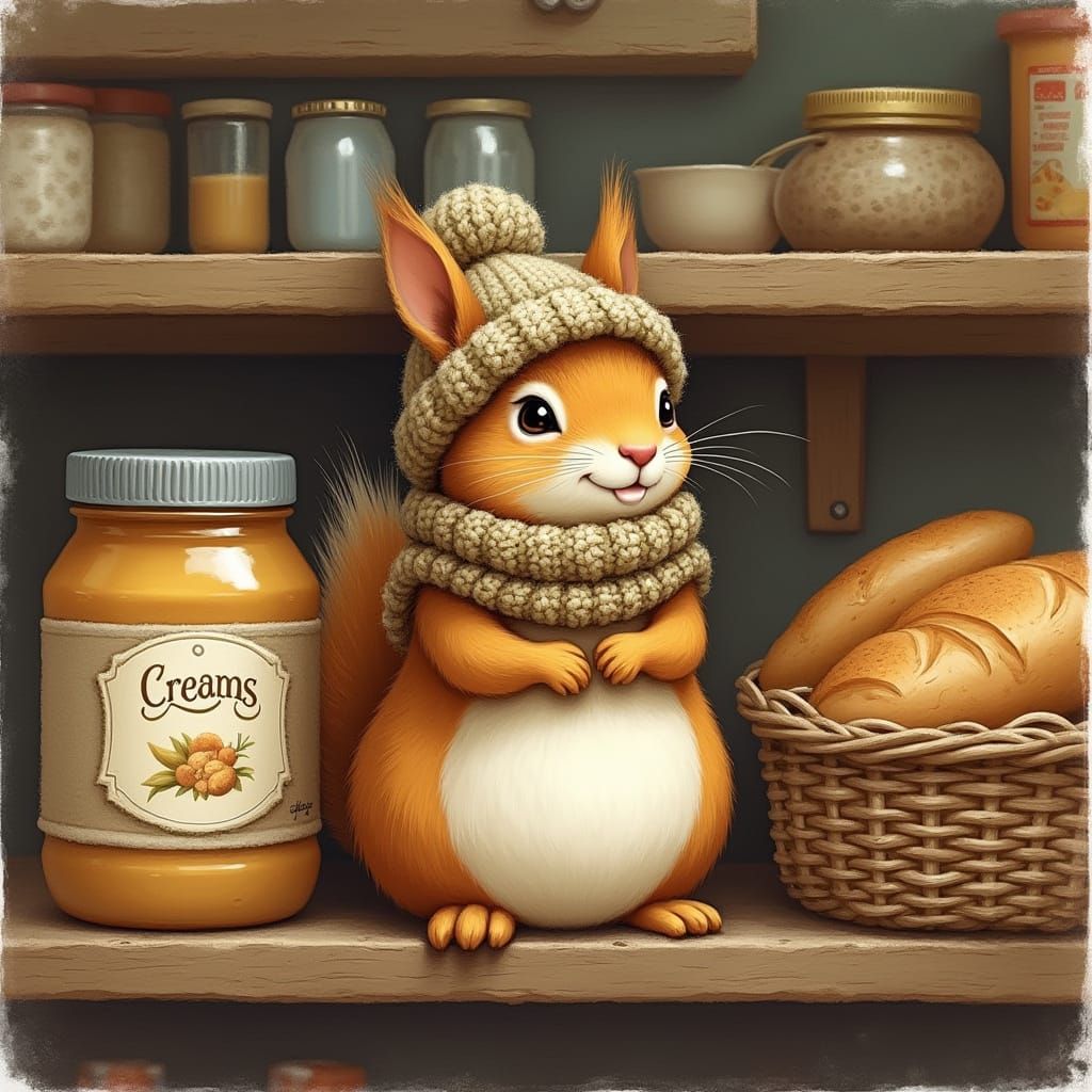 Squirrel in Scarf and Hat on Grocery Shelf
