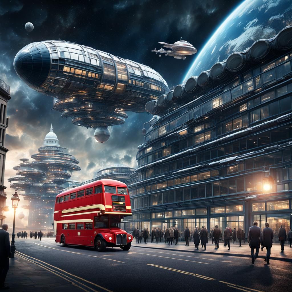 Futuristic Double Decker Bus Flies Past Space Station