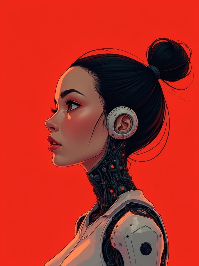 Cyberpunk Woman with Robotic Features in Red