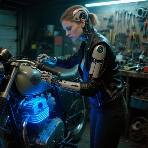 Cyborg Mechanic Repairs Motorcycle, Leibovitz Style