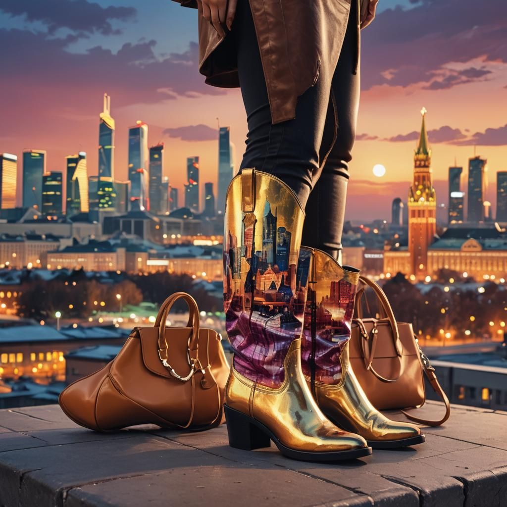 Moscow Skyline Fashion Illustration on Boots and Handbag