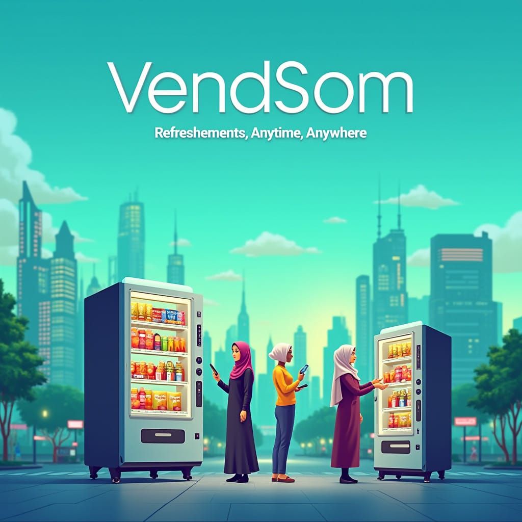 Futuristic Cityscape with Vending Machines in a Vibrant Blue...