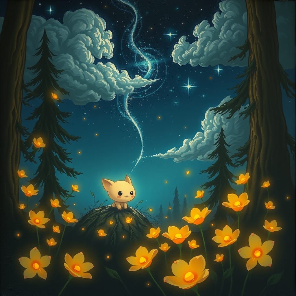 Glowing Creature in Dark Forest Oil Painting