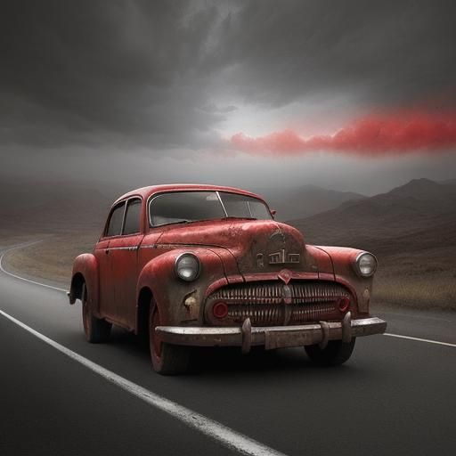 Red Classic Car on Endless Road: Digital Painting