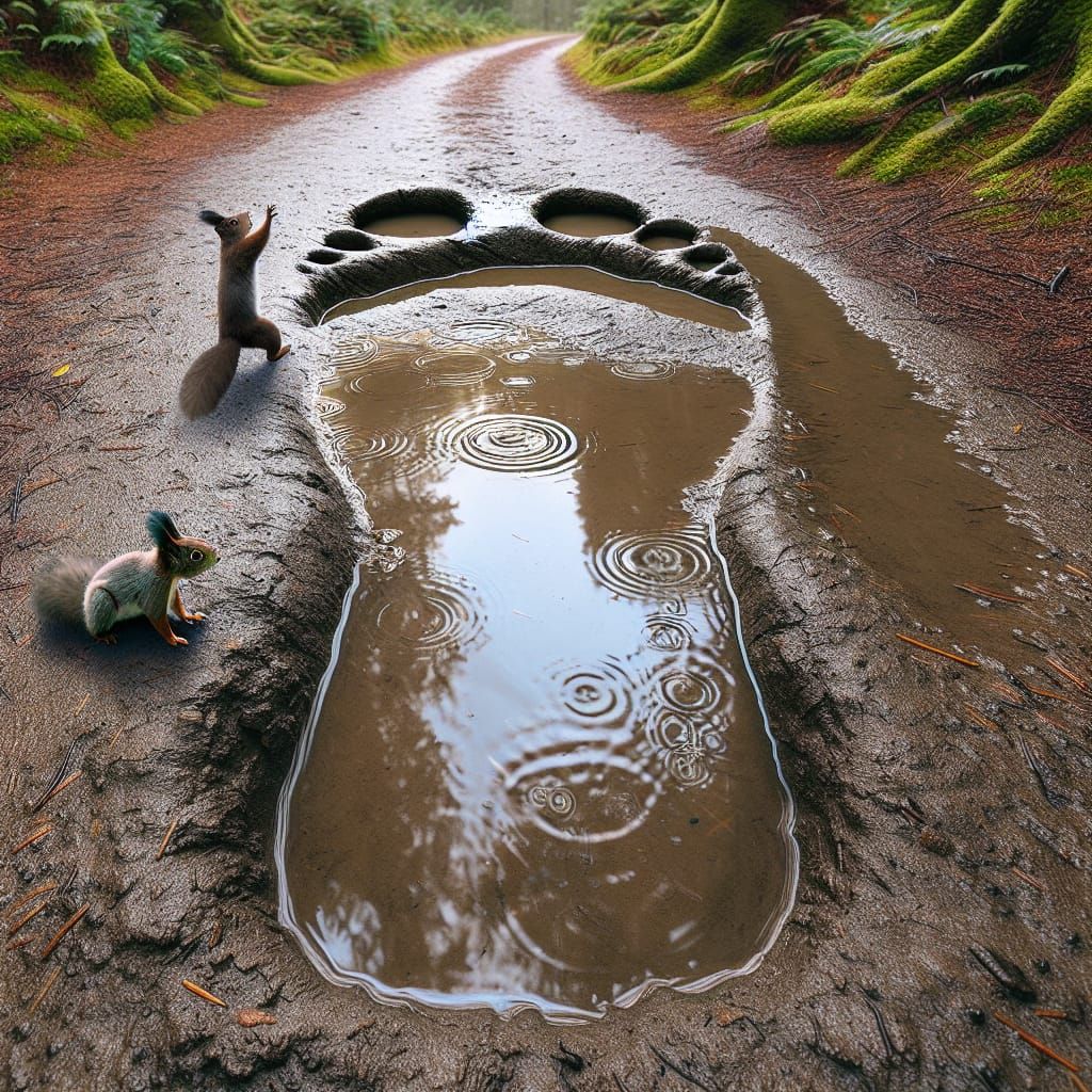 Gigantic Footprint Filling with Rainwater in Forest