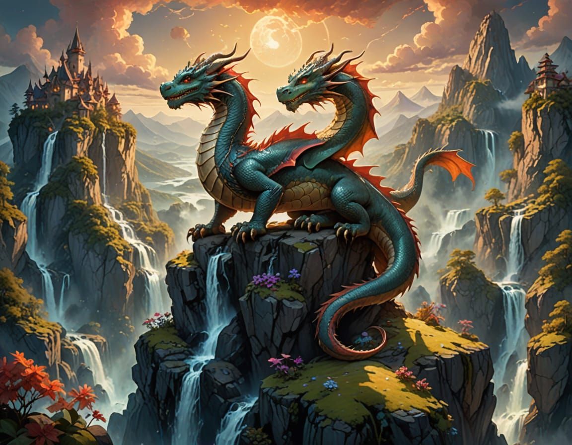 Fantasy Dragon in Dreamlike Mountain Landscape