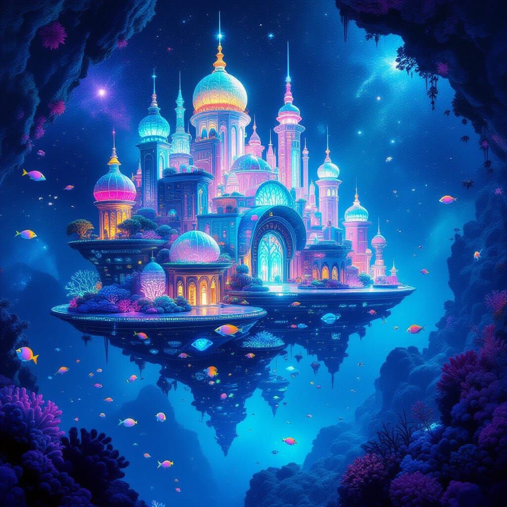 Bioluminescent Coral Reef City in Cosmic Void