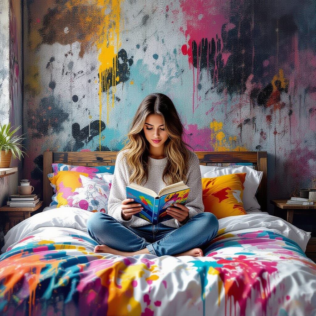 Woman Reading Amidst Vibrant Graffiti Art Explosion
