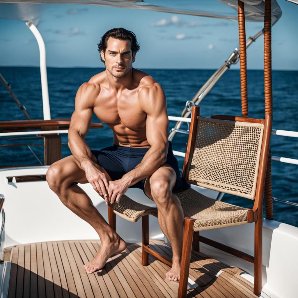 Man on Boat in Speedo Sitting on Chair