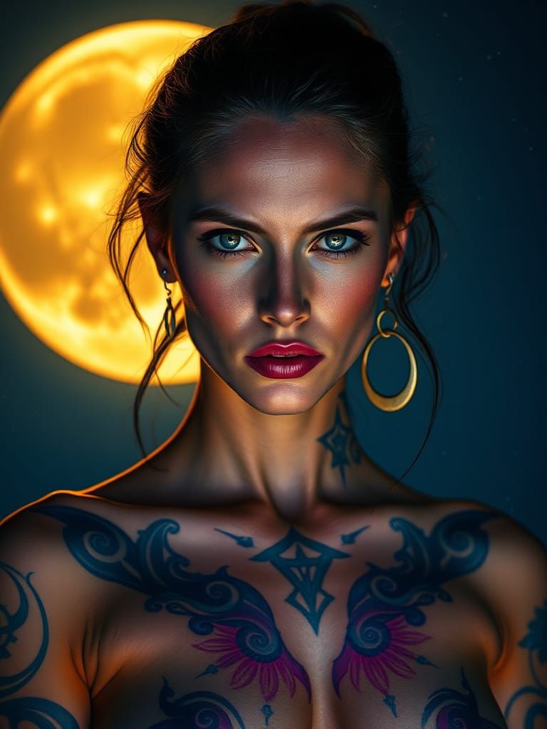 Cosmic Woman with Moon Tattoos in the Night