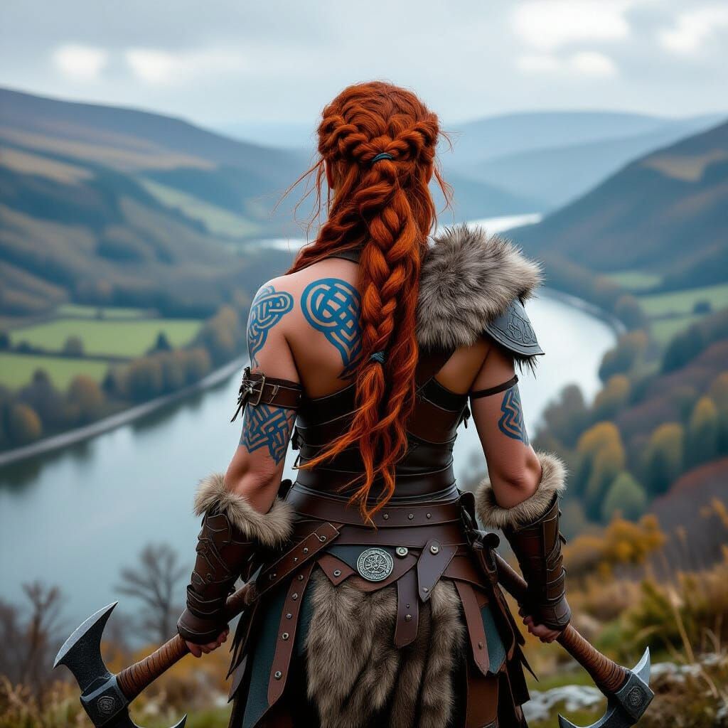 Warrior Woman with Fiery Hair and Celtic Tattoos