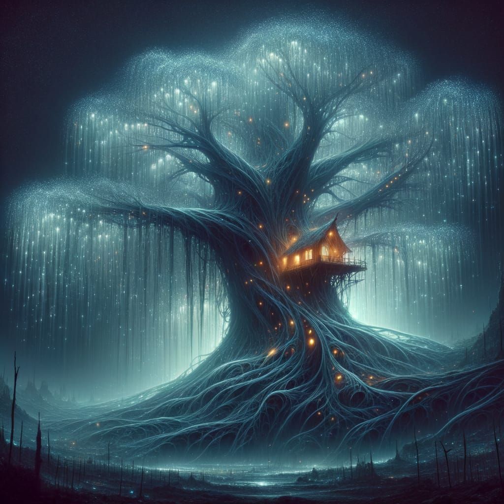 Ethereal Dystopian Giant Treehouse Scene in Bioluminescent T...
