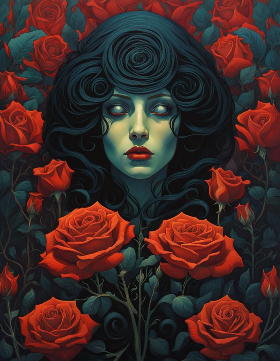 Intricate Black Rose, Gouache Eldritch Illustration