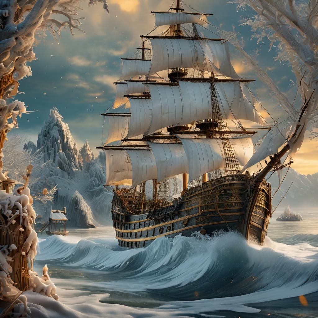 Pirate Ship on Icy Waters in Matte Painting Style
